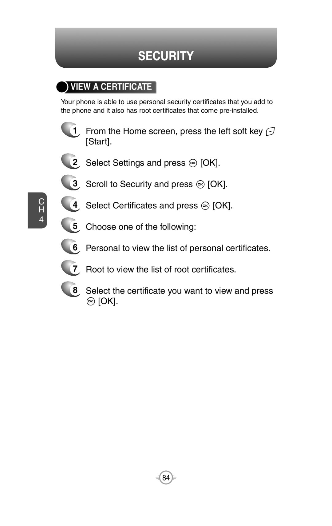 UTStarcom PN-820 user manual View A Certificate, Security 
