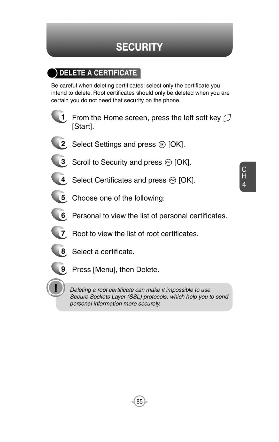 UTStarcom PN-820 user manual Delete A Certificate, Security 