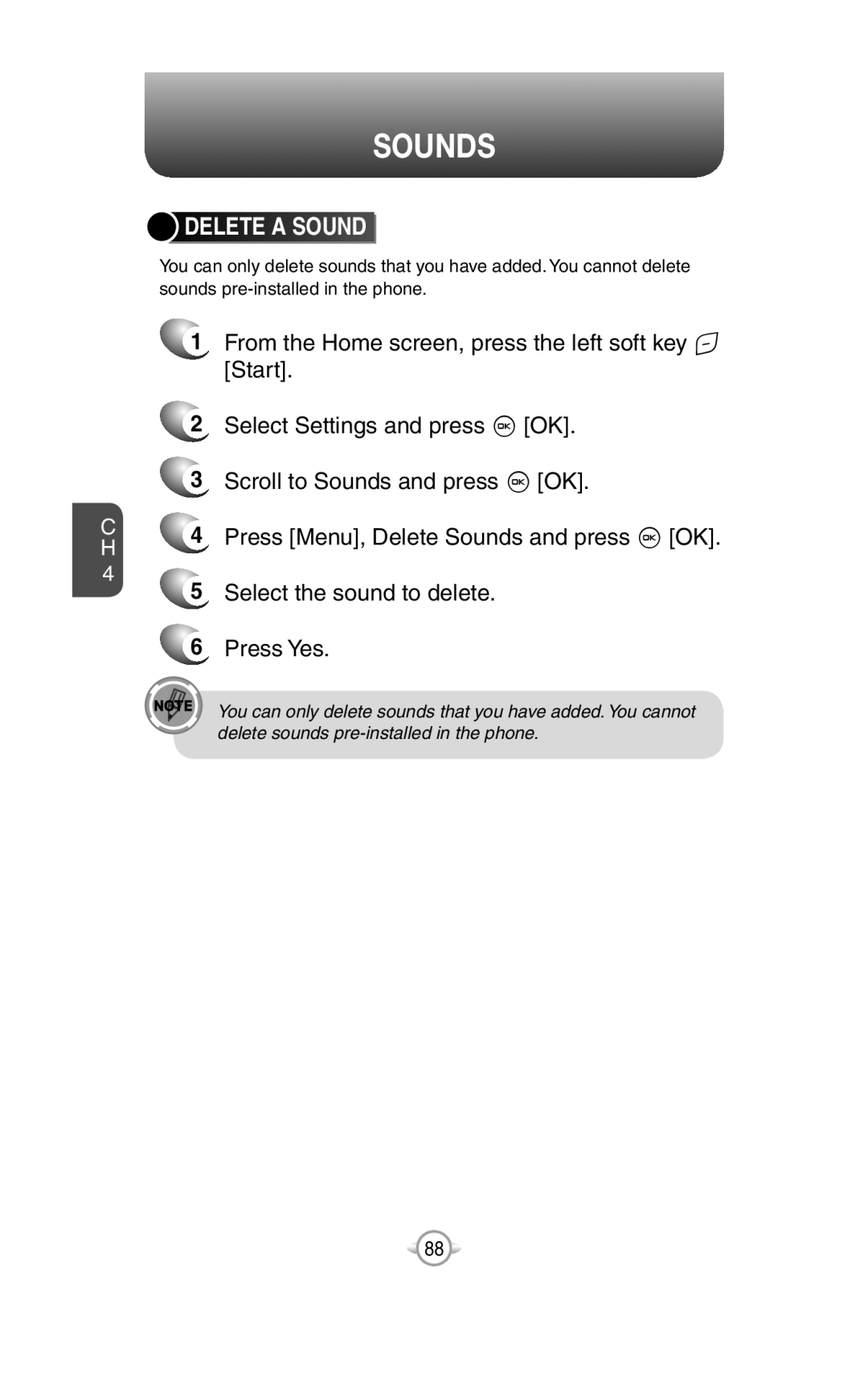 UTStarcom PN-820 user manual Delete A Sound, 2Select Settings and press O OK, 3Scroll to Sounds and press O OK 