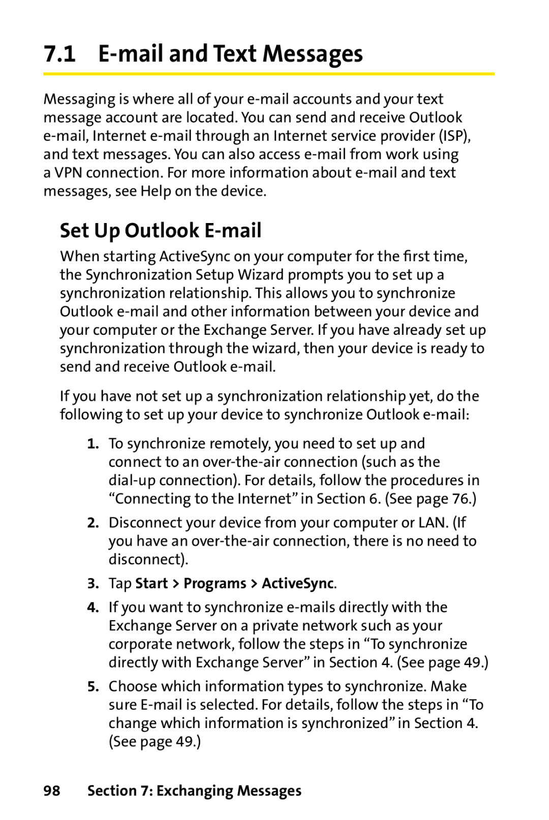 UTStarcom PPC-6700 manual Mail and Text Messages, Set Up Outlook E-mail, Tap Start Programs ActiveSync 