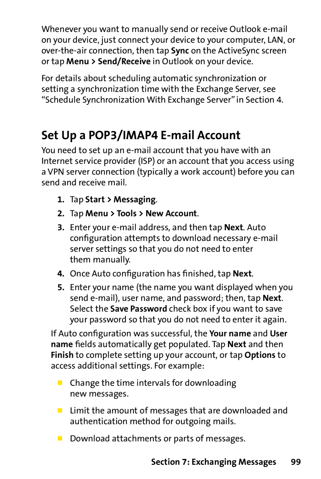 UTStarcom PPC-6700 manual Set Up a POP3/IMAP4 E-mail Account, Tap Start Messaging Tap Menu Tools New Account 