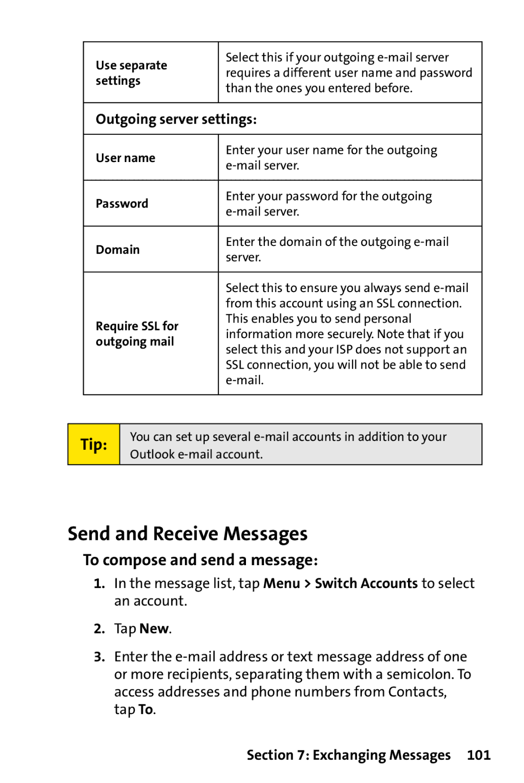 UTStarcom PPC-6700 manual Send and Receive Messages, To compose and send a message, Outgoing server settings 