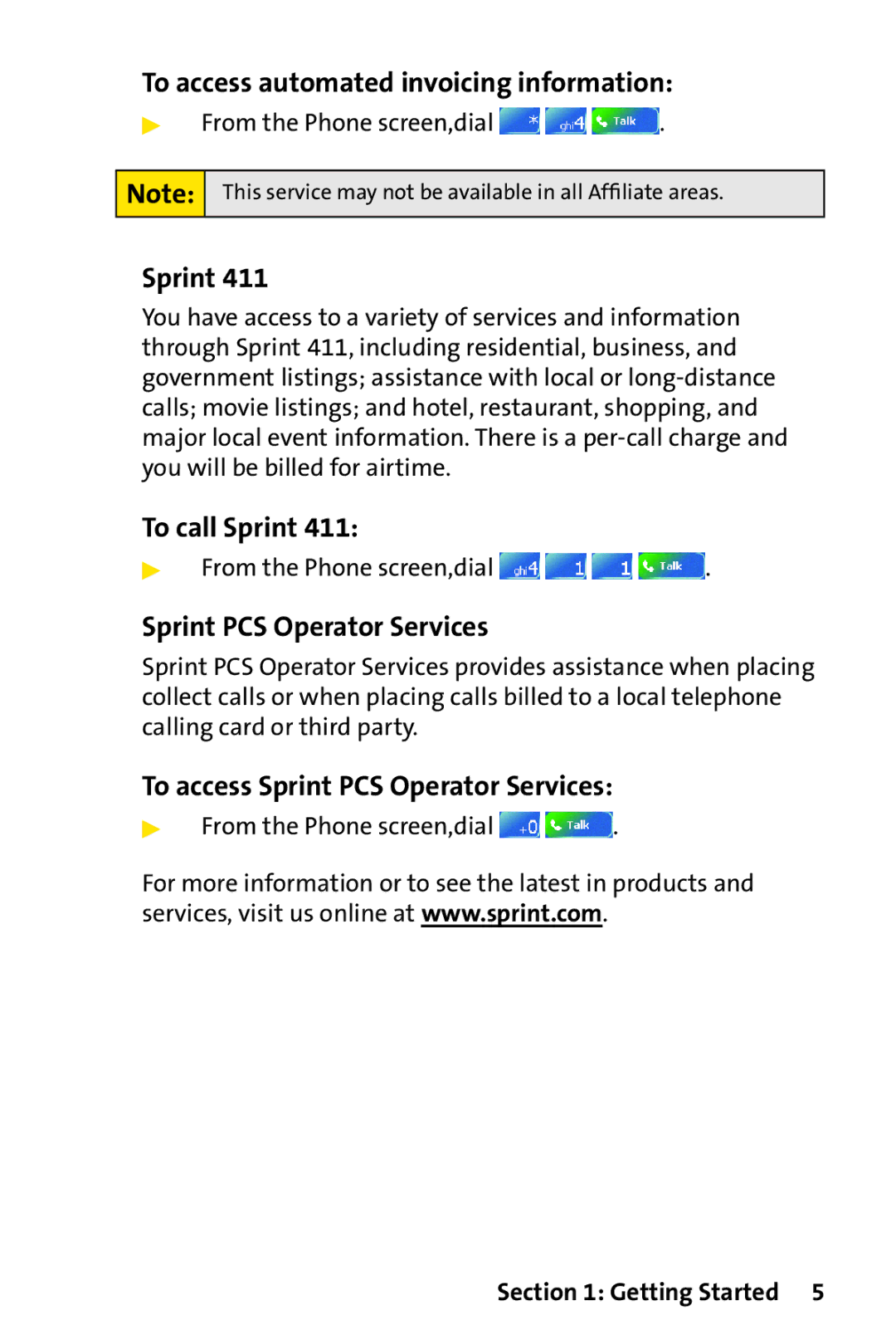 UTStarcom PPC-6700 manual To access automated invoicing information, To call Sprint, Sprint PCS Operator Services 