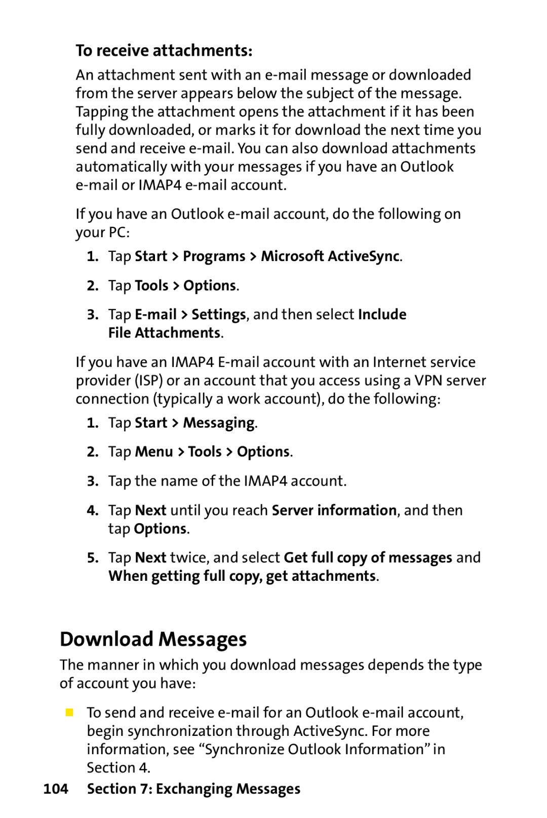 UTStarcom PPC-6700 Download Messages, To receive attachments, Tap Start Programs Microsoft ActiveSync Tap Tools Options 