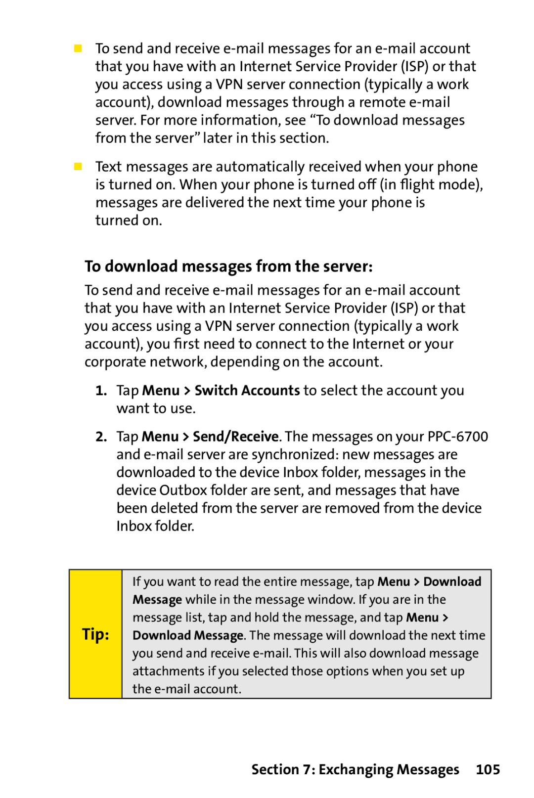 UTStarcom PPC-6700 manual To download messages from the server, Tip 