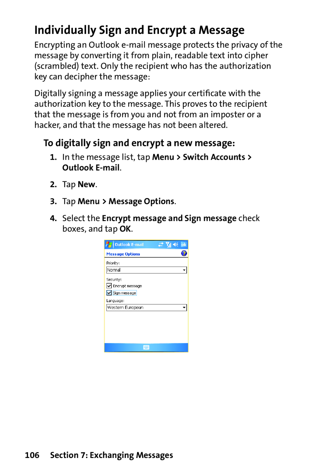 UTStarcom PPC-6700 manual Individually Sign and Encrypt a Message, To digitally sign and encrypt a new message 