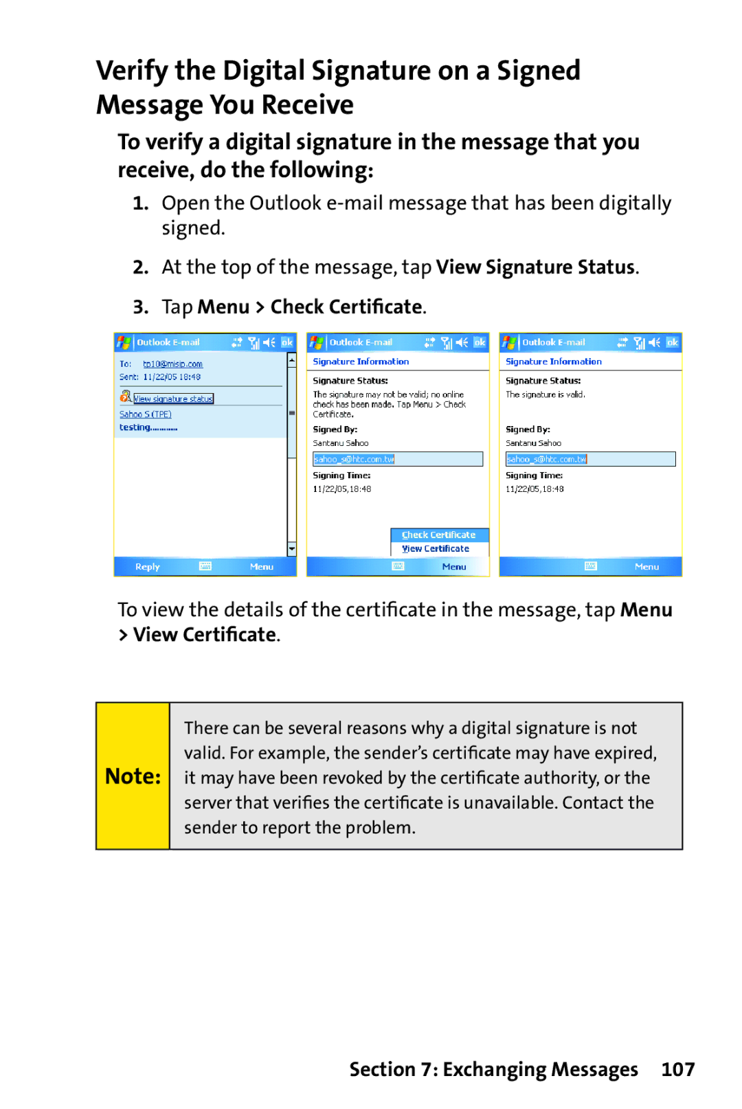 UTStarcom PPC-6700 manual Verify the Digital Signature on a Signed Message You Receive, Tap Menu Check Certiﬁcate 