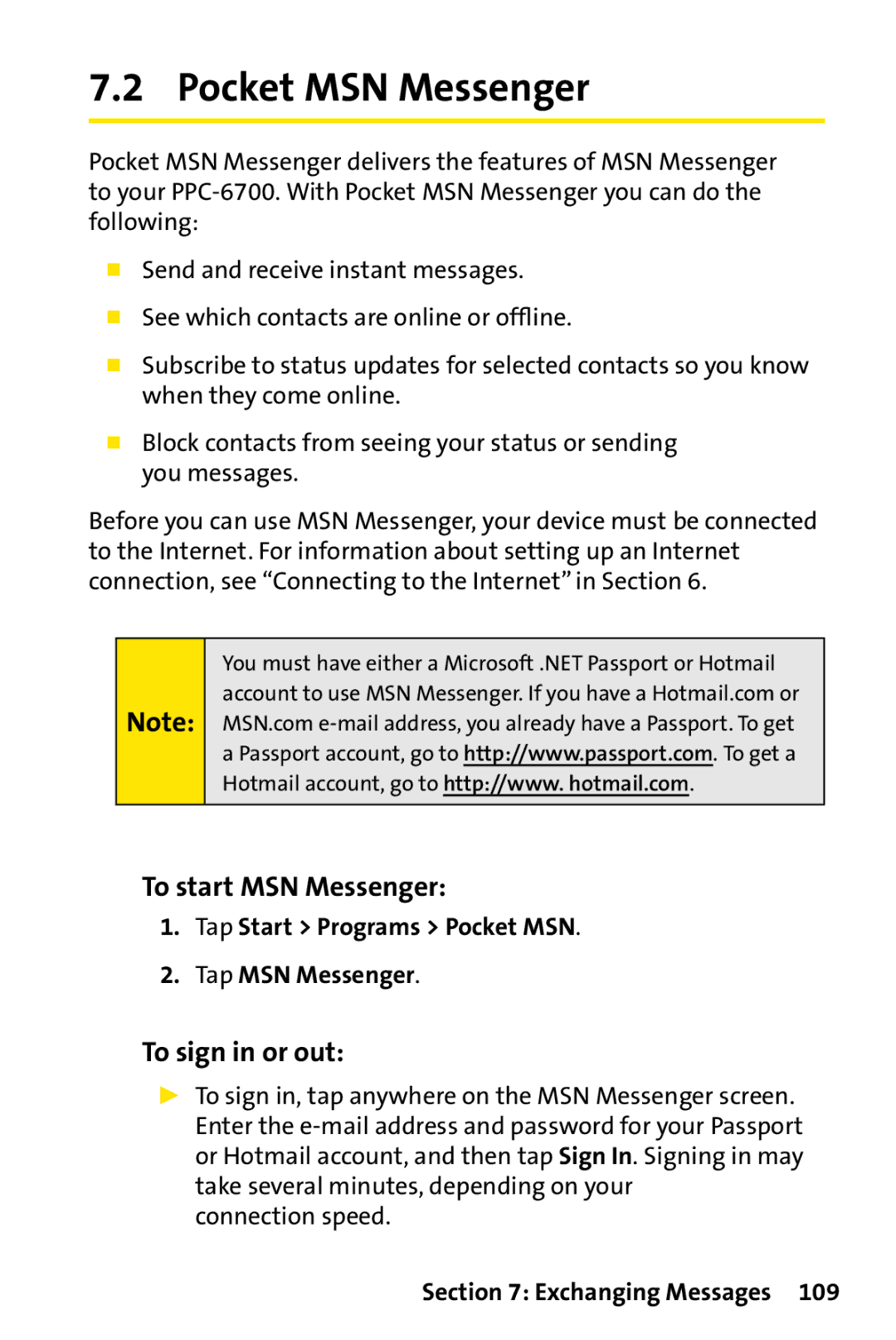 UTStarcom PPC-6700 manual Pocket MSN Messenger, To start MSN Messenger, To sign in or out, Connection speed 