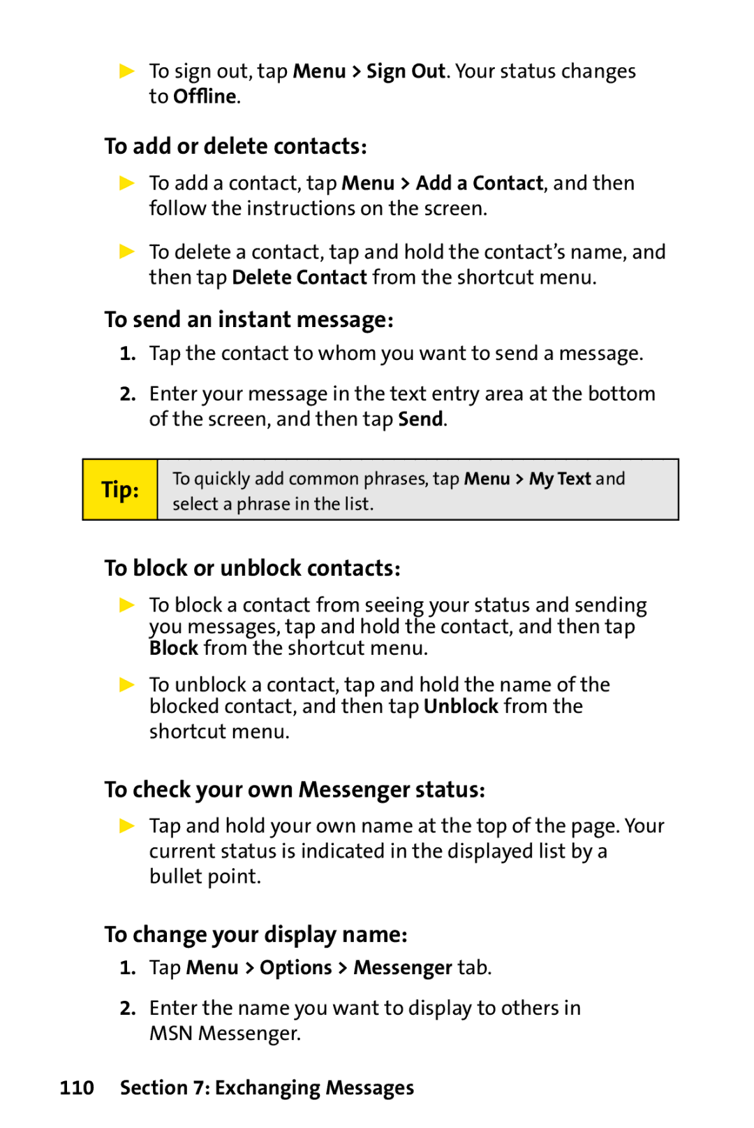 UTStarcom PPC-6700 manual To add or delete contacts, To send an instant message, To block or unblock contacts 