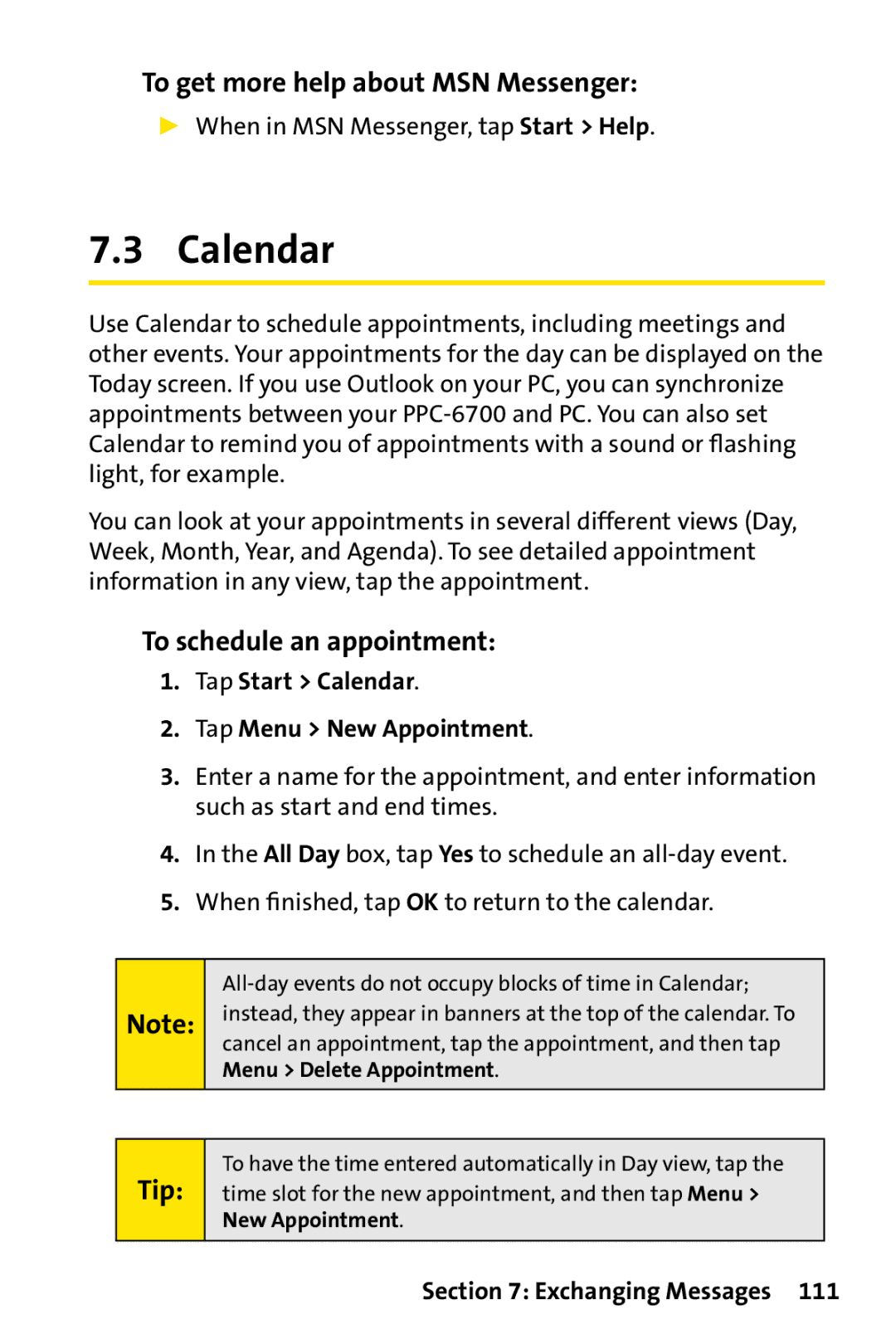 UTStarcom PPC-6700 manual Calendar, To get more help about MSN Messenger, To schedule an appointment 