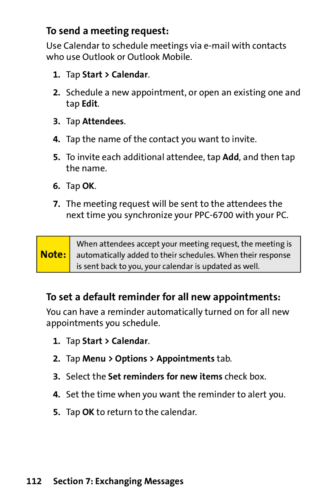 UTStarcom PPC-6700 manual To send a meeting request, To set a default reminder for all new appointments, Tap Start Calendar 