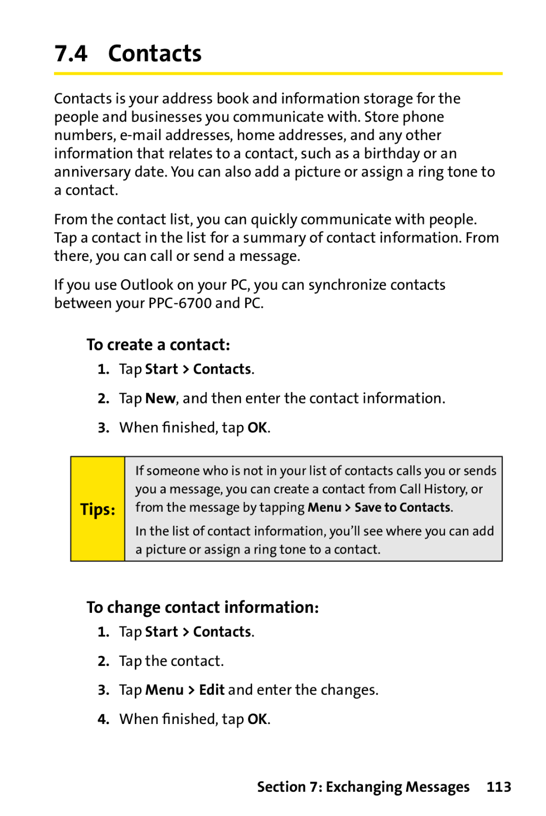 UTStarcom PPC-6700 manual Contacts, To create a contact, To change contact information 