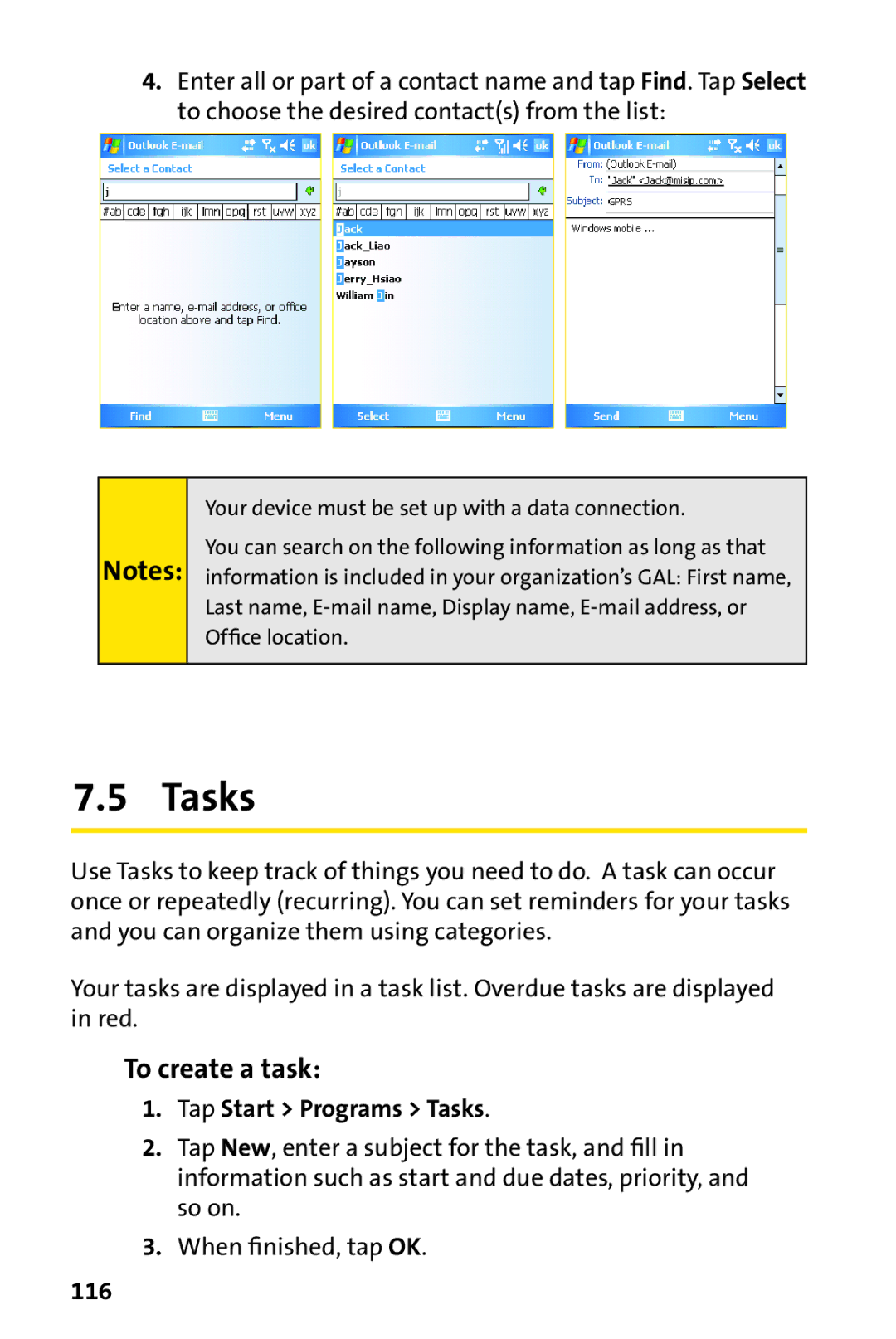 UTStarcom PPC-6700 manual To create a task, Tap Start Programs Tasks, 116 