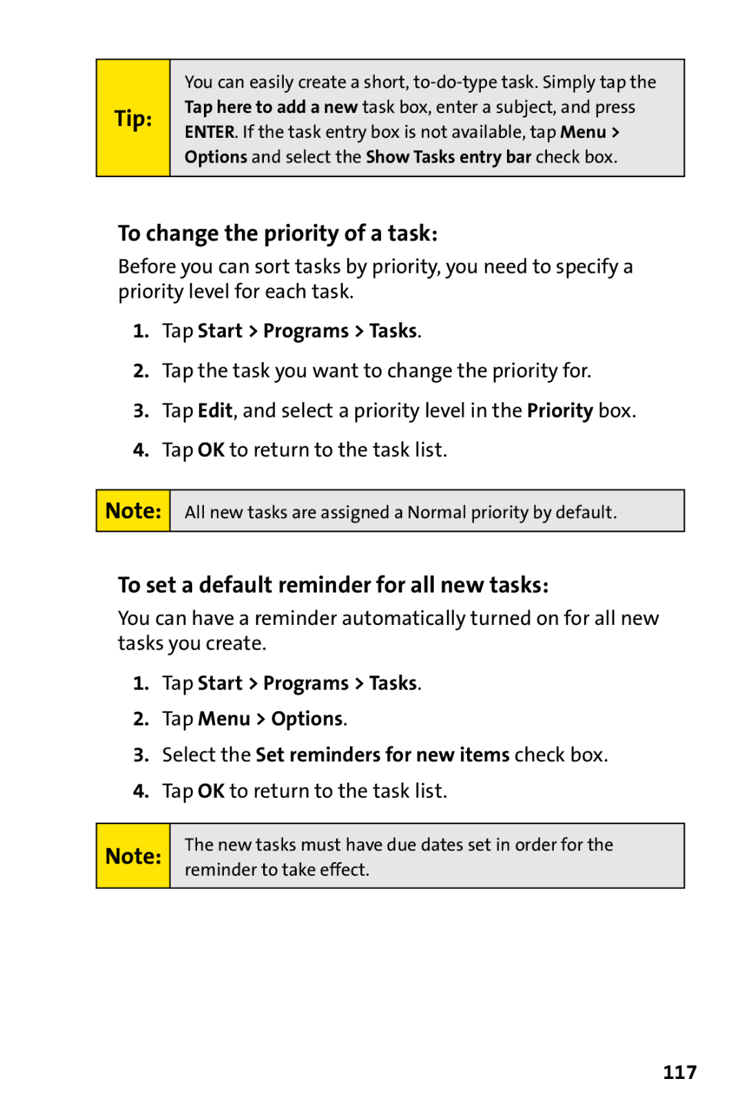 UTStarcom PPC-6700 manual To change the priority of a task, To set a default reminder for all new tasks, 117 