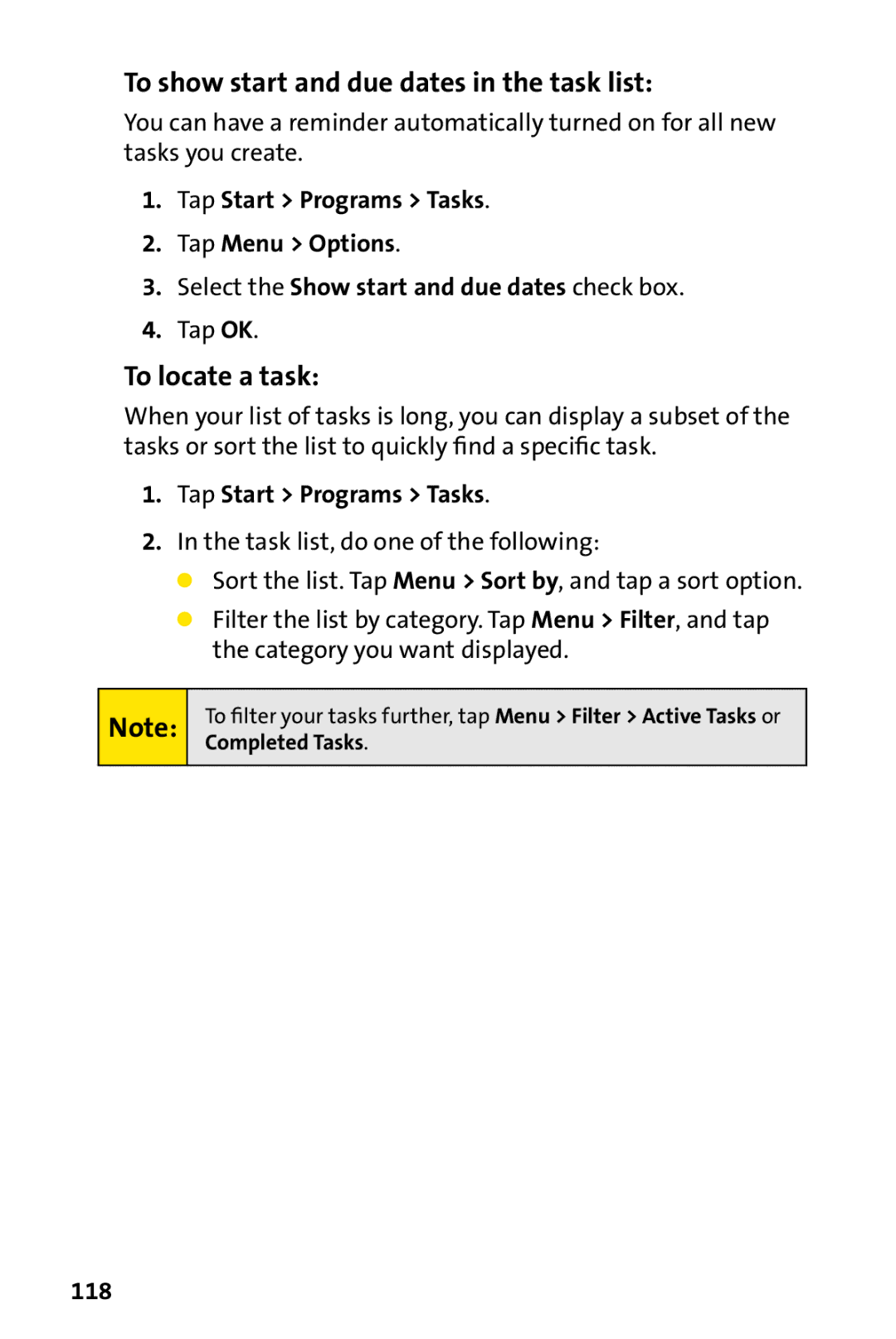 UTStarcom PPC-6700 manual To show start and due dates in the task list, To locate a task, 118 