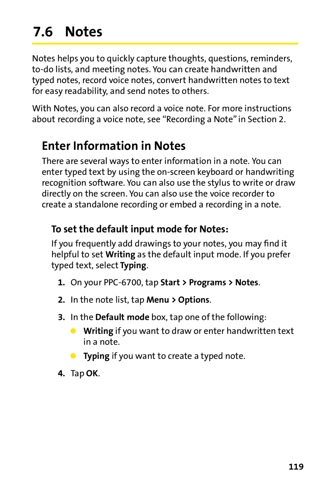 UTStarcom PPC-6700 manual Enter Information in Notes, To set the default input mode for Notes, 119 