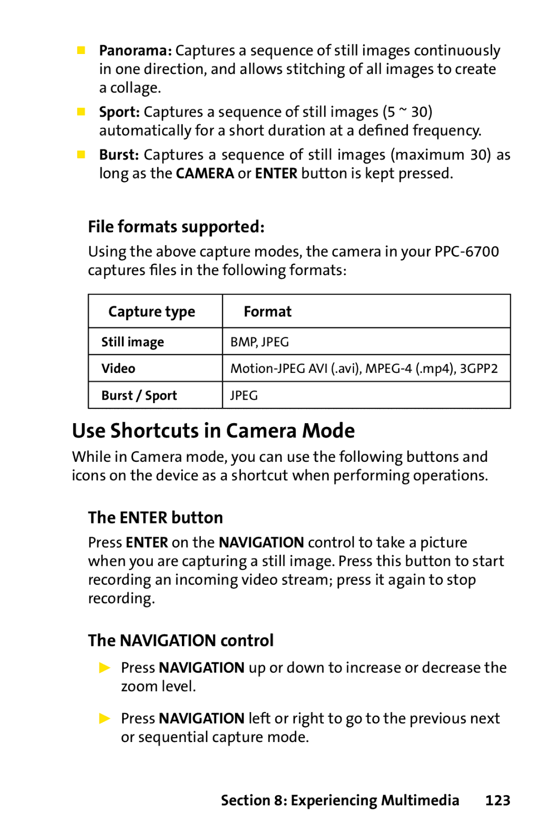 UTStarcom PPC-6700 manual Use Shortcuts in Camera Mode, File formats supported, Enter button, Navigation control 