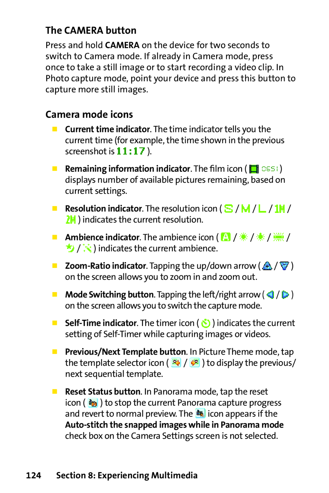 UTStarcom PPC-6700 manual Camera button, Camera mode icons, Screenshot is 