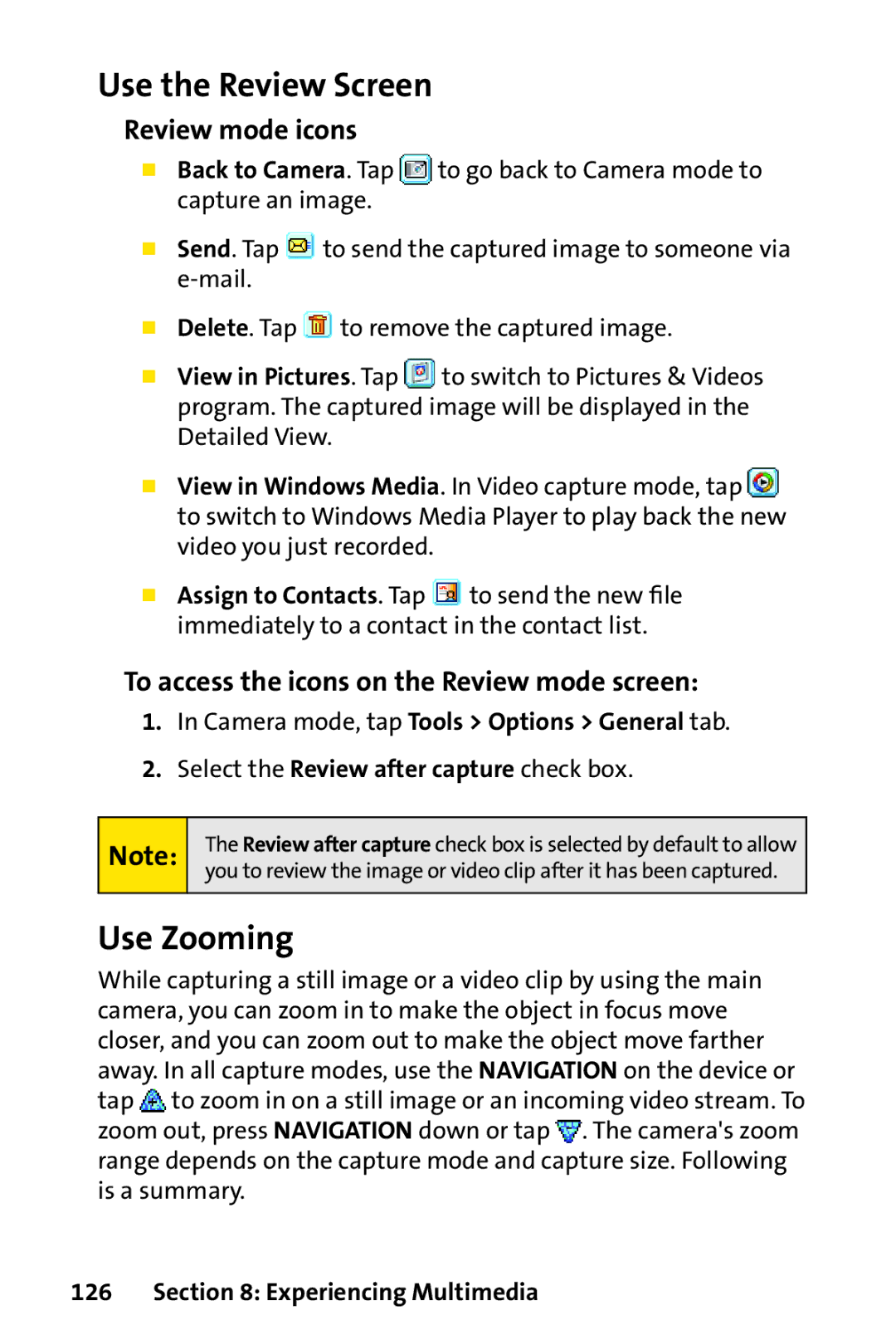 UTStarcom PPC-6700 Use the Review Screen, Use Zooming, Review mode icons, To access the icons on the Review mode screen 