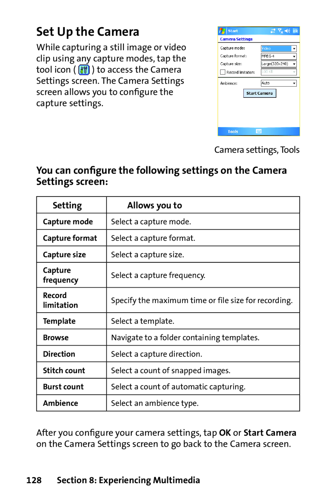 UTStarcom PPC-6700 manual Set Up the Camera, Setting Allows you to 