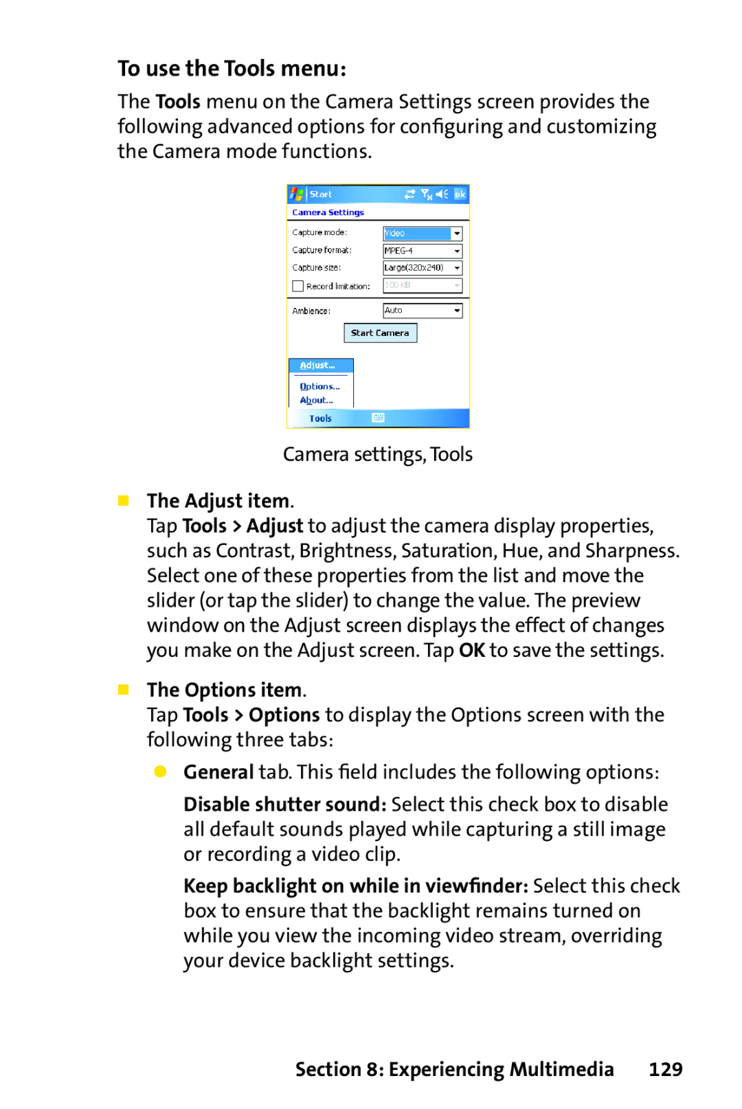 UTStarcom PPC-6700 manual To use the Tools menu,  The Adjust item,  The Options item, 129 