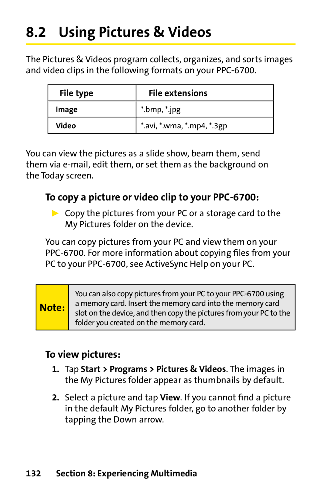 UTStarcom manual Using Pictures & Videos, To copy a picture or video clip to your PPC-6700, To view pictures 