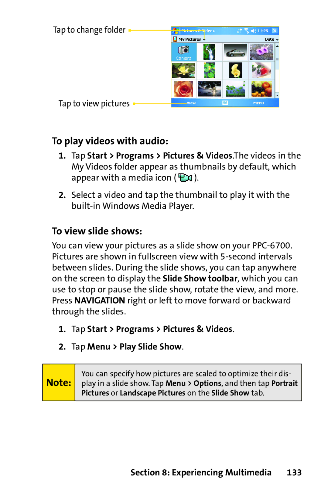 UTStarcom PPC-6700 manual To play videos with audio, To view slide shows, Tap to change folder Tap to view pictures, 133 