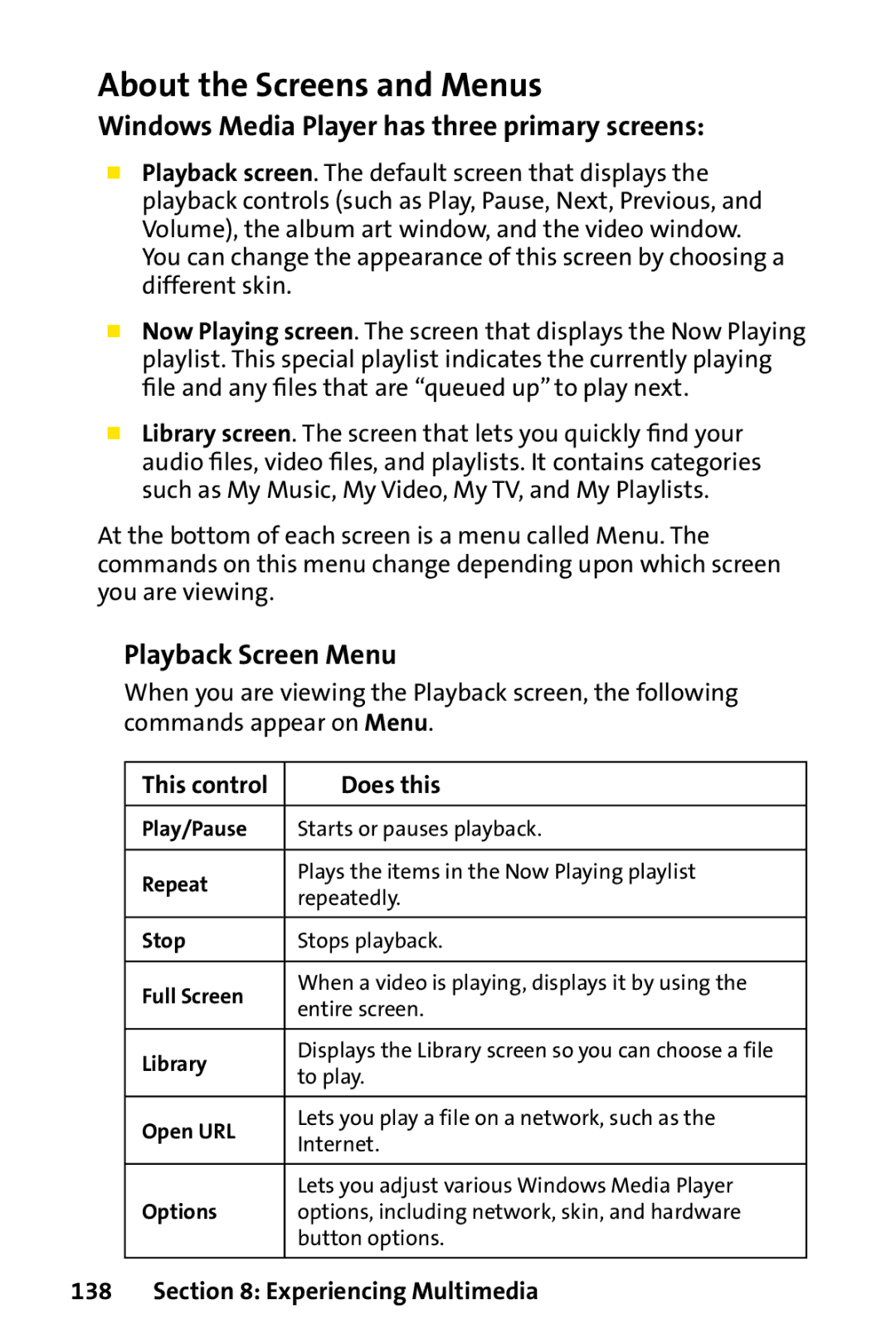 UTStarcom PPC-6700 manual About the Screens and Menus, Windows Media Player has three primary screens, Playback Screen Menu 