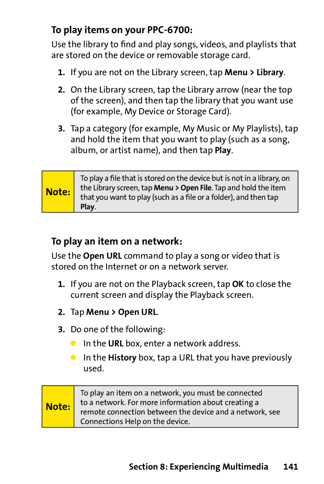 UTStarcom manual To play items on your PPC-6700, To play an item on a network, Tap Menu Open URL, 141 