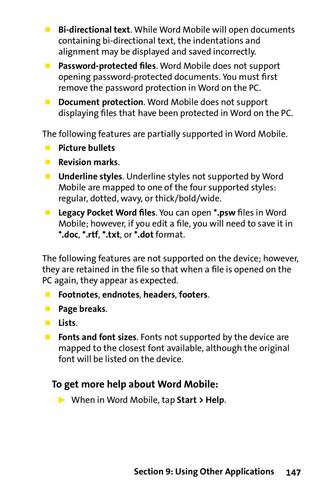 UTStarcom PPC-6700 manual To get more help about Word Mobile, Following features are partially supported in Word Mobile 