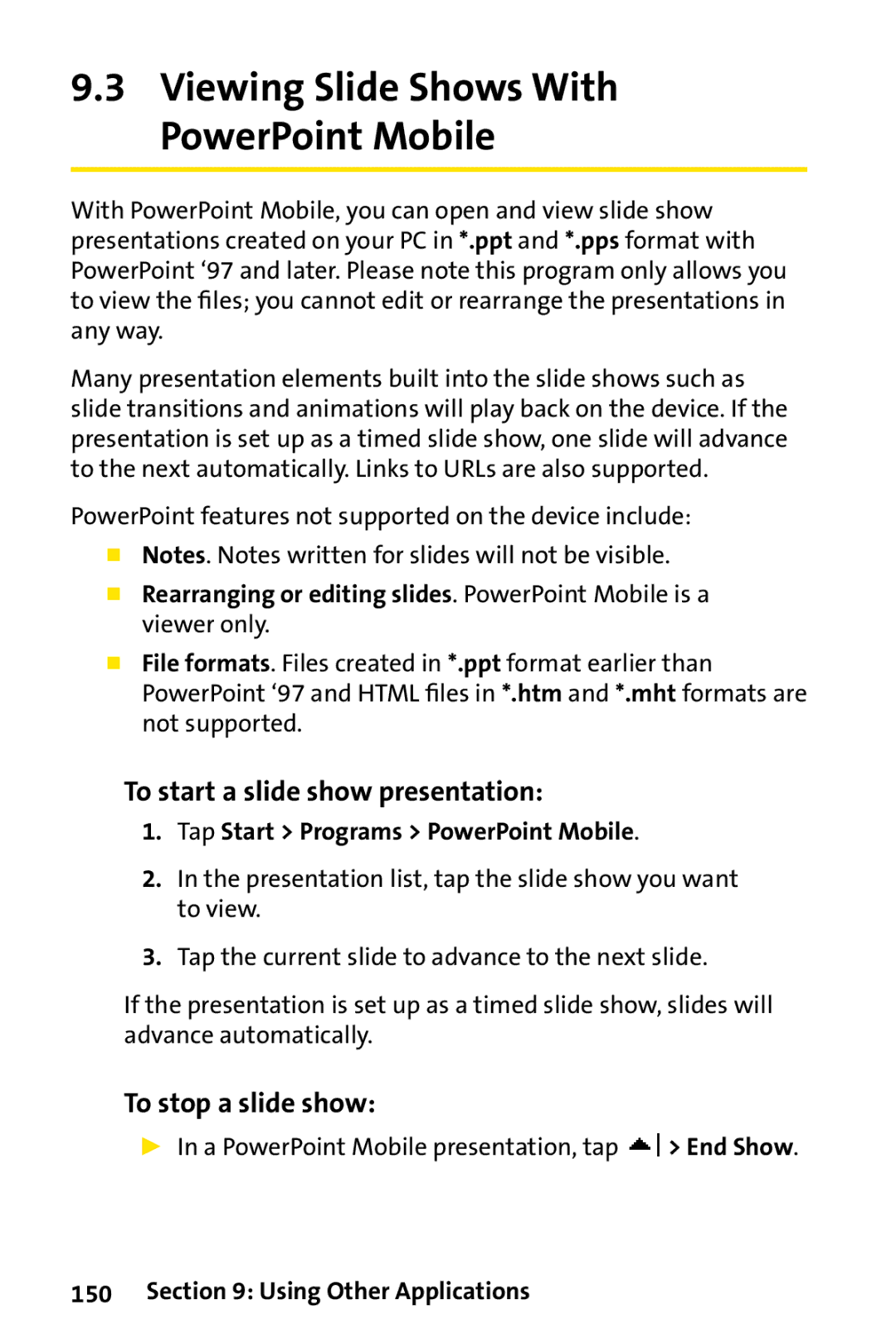 UTStarcom PPC-6700 Viewing Slide Shows With PowerPoint Mobile, To start a slide show presentation, To stop a slide show 