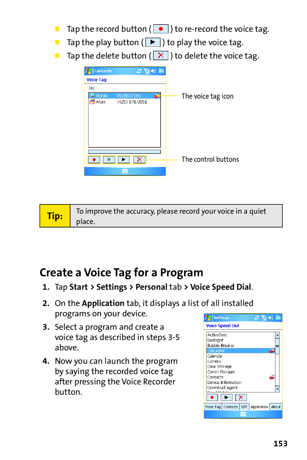 UTStarcom PPC-6700 manual Create a Voice Tag for a Program, Tap Start Settings Personal tab Voice Speed Dial, 153 