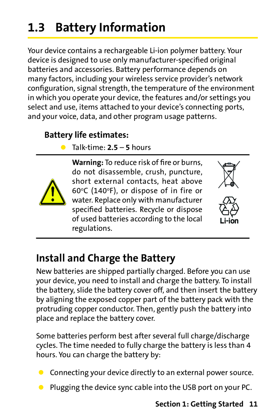 UTStarcom PPC-6700 Battery Information, Install and Charge the Battery, Battery life estimates, Talk-time 2.5 5 hours 