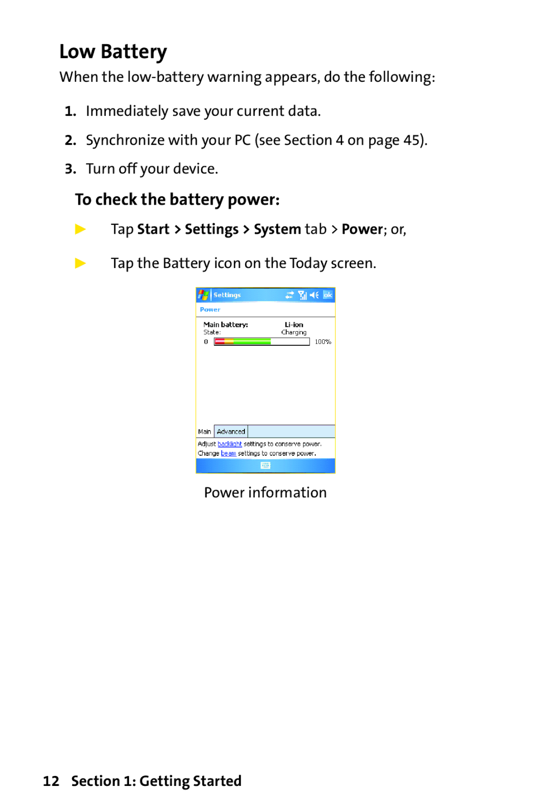 UTStarcom PPC-6700 manual Low Battery, To check the battery power,  Tap Start Settings System tab Power or 