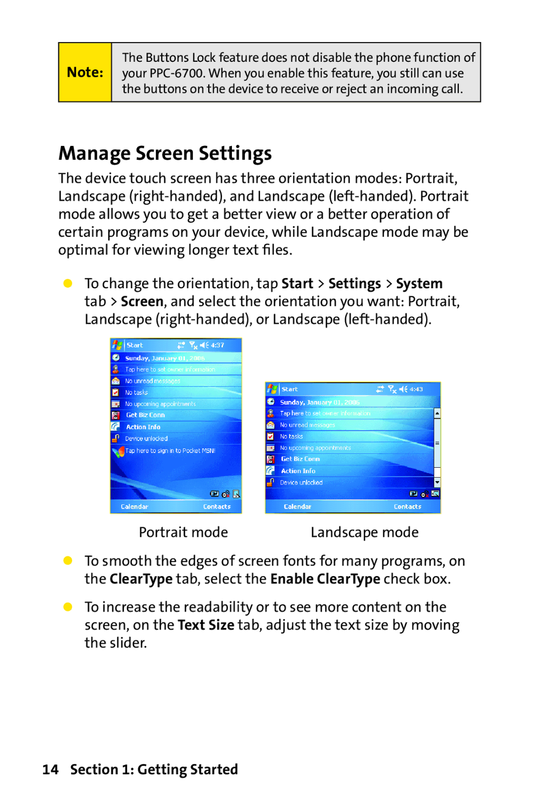 UTStarcom PPC-6700 manual Manage Screen Settings, Portrait mode 