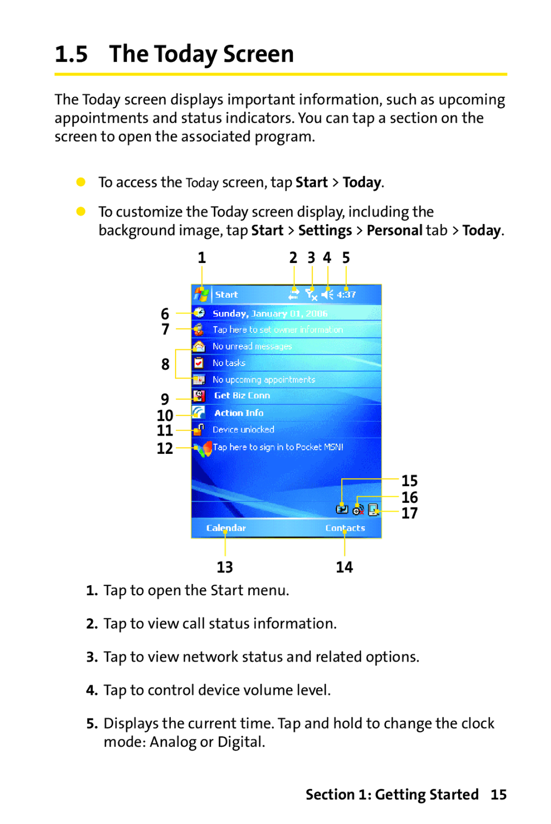 UTStarcom PPC-6700 manual Today Screen, 3 4 