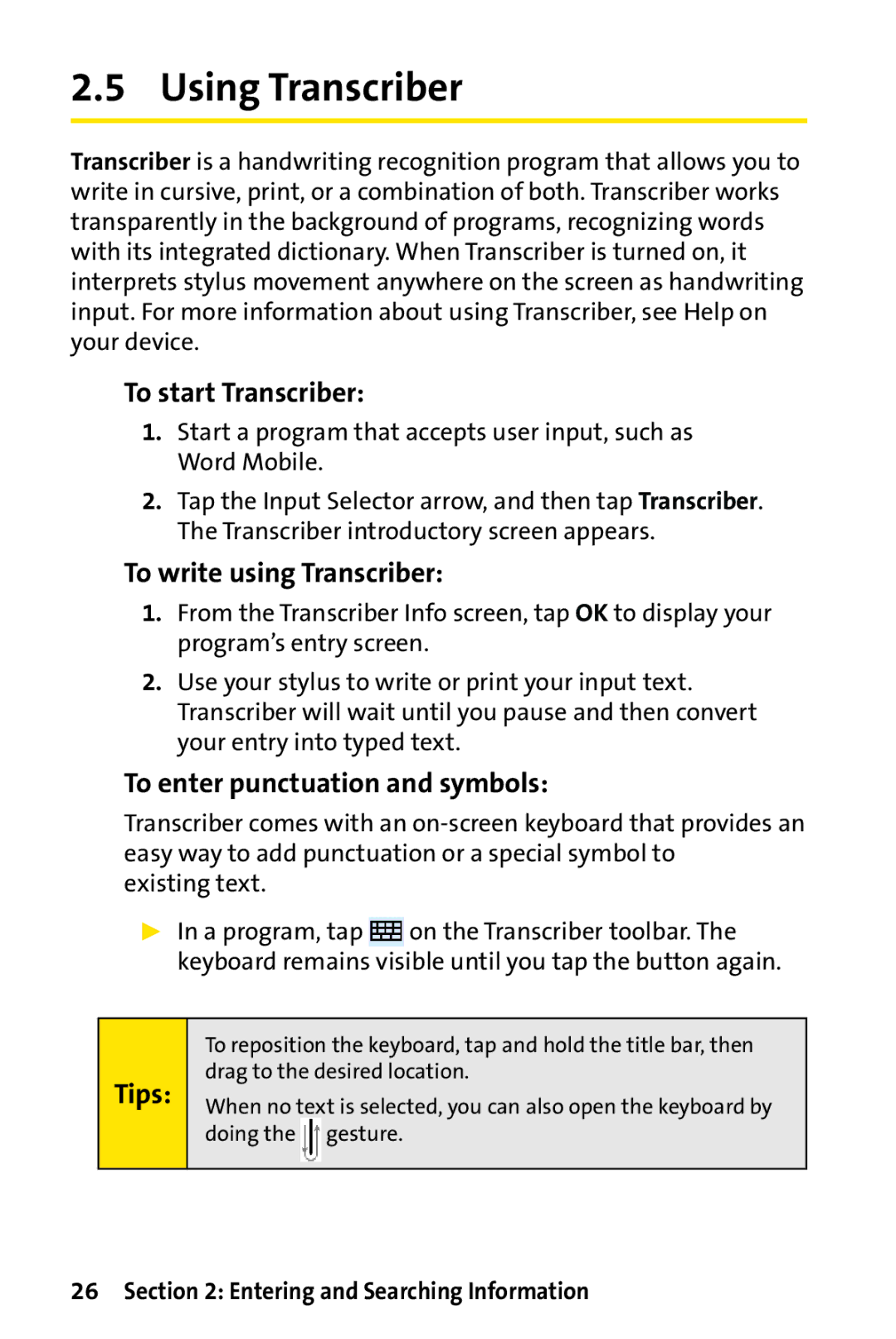 UTStarcom PPC-6700 Using Transcriber, To start Transcriber, To write using Transcriber, To enter punctuation and symbols 