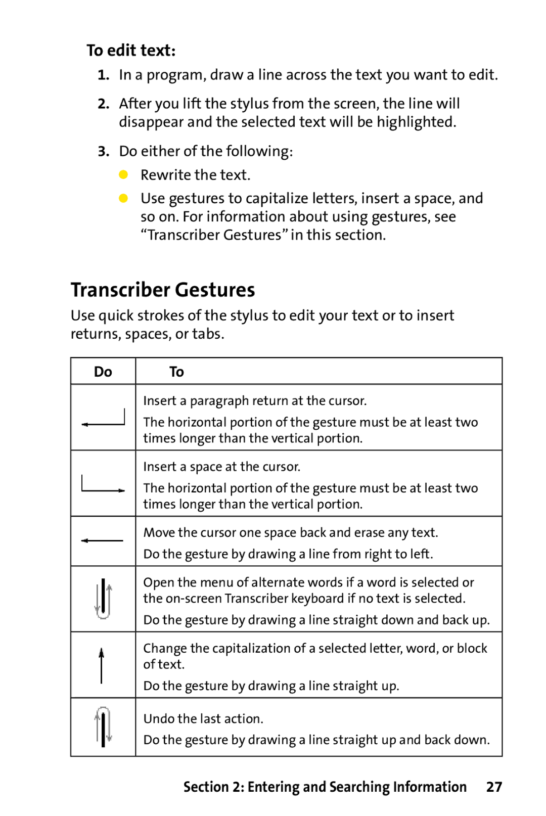 UTStarcom PPC-6700 manual Transcriber Gestures, To edit text, A program, draw a line across the text you want to edit 