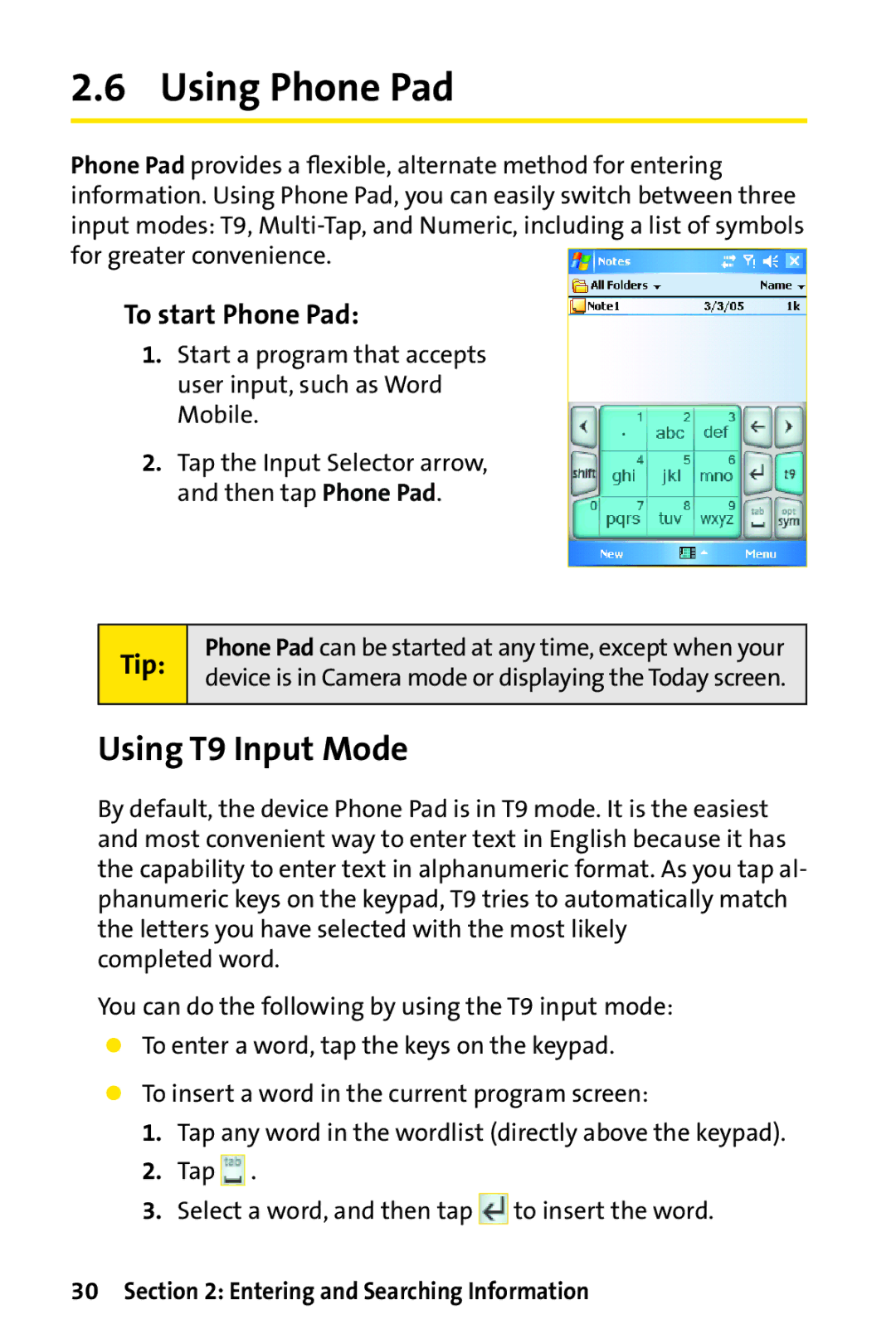 UTStarcom PPC-6700 manual Using Phone Pad, Using T9 Input Mode, To start Phone Pad 