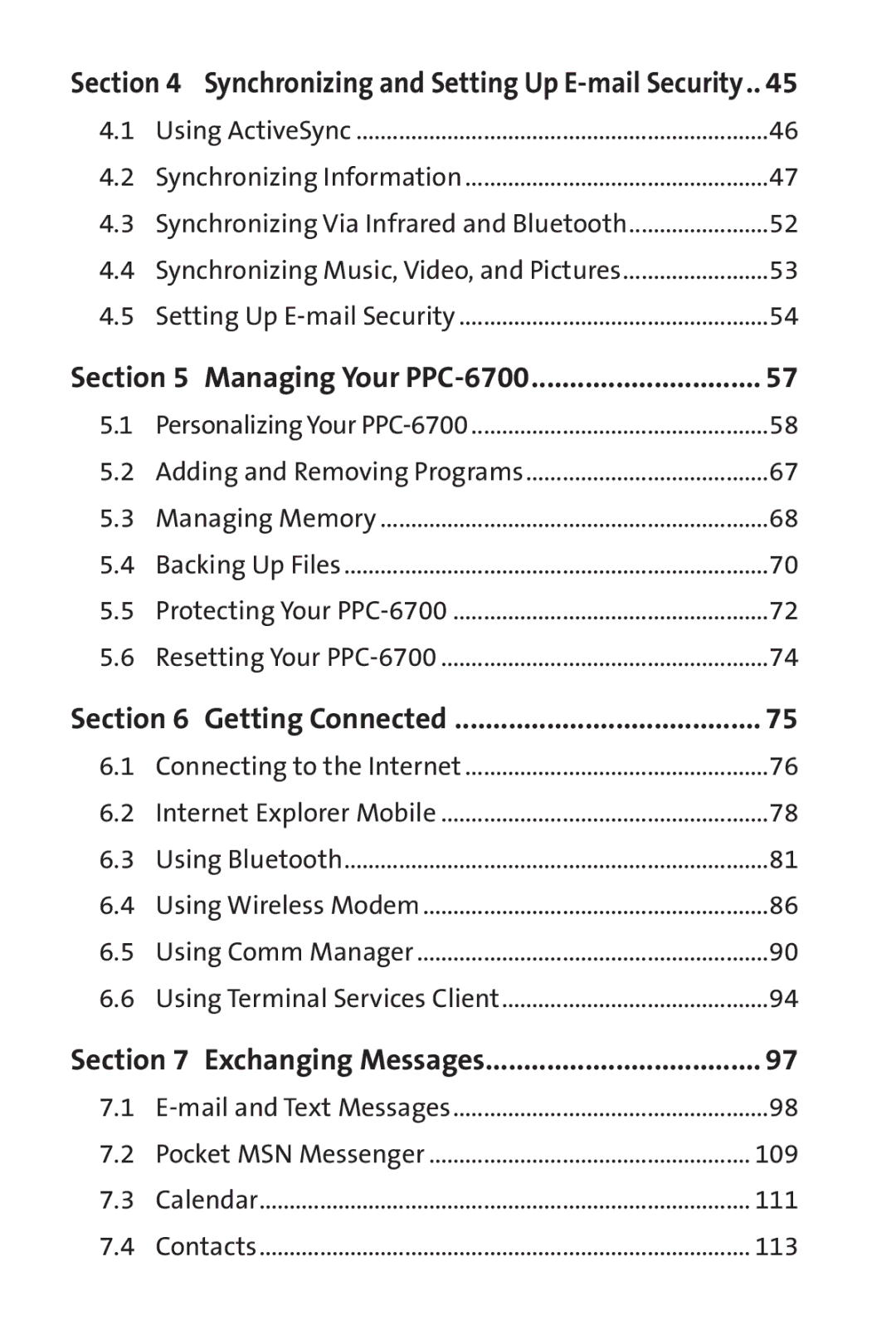 UTStarcom Synchronizing and Setting Up E-mail Security, Managing Your PPC-6700, Getting Connected, Exchanging Messages 