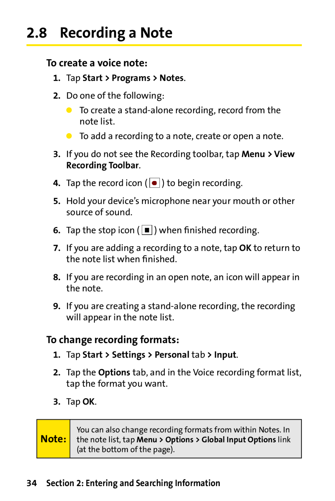 UTStarcom PPC-6700 manual Recording a Note, To create a voice note, To change recording formats 