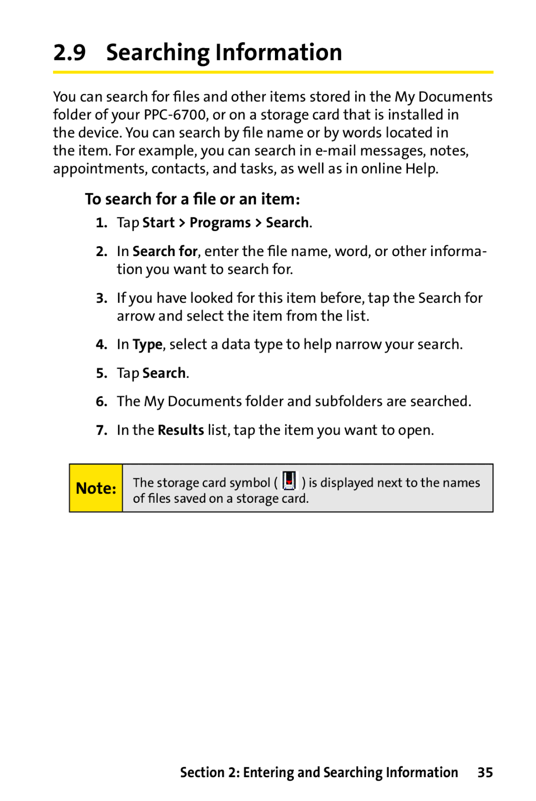 UTStarcom PPC-6700 manual Searching Information, To search for a ﬁle or an item, Tap Start Programs Search, Tap Search 