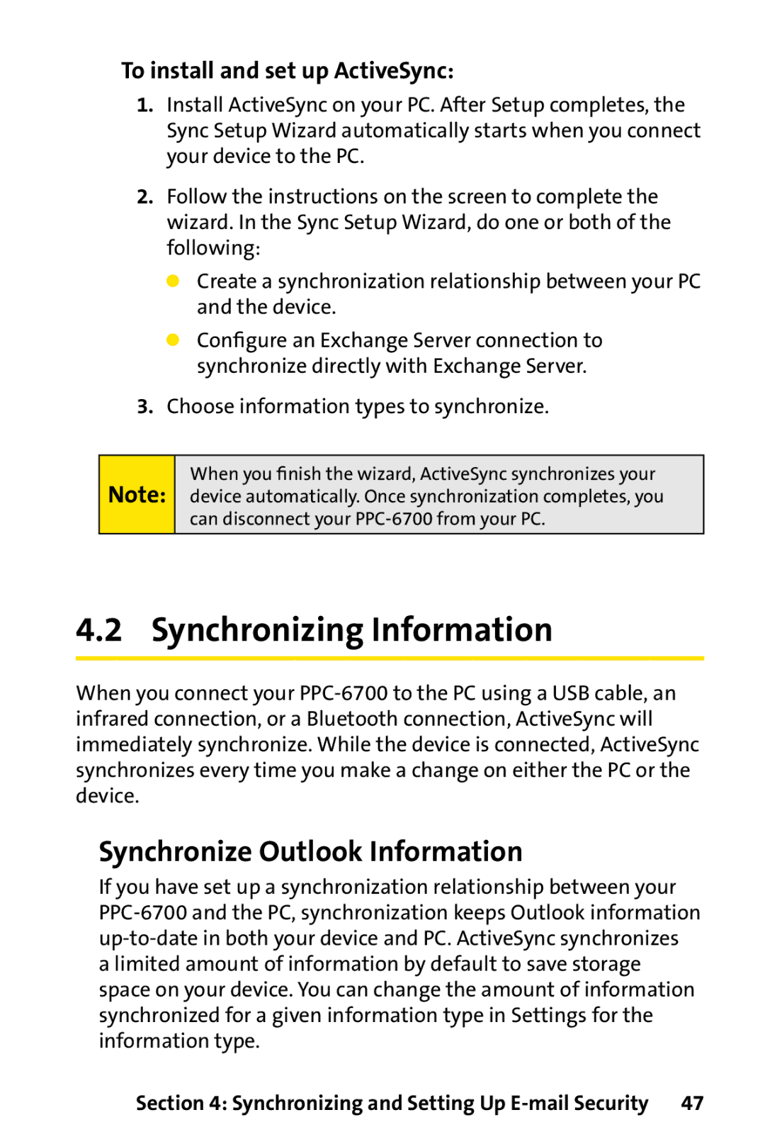 UTStarcom PPC-6700 manual Synchronizing Information, Synchronize Outlook Information, To install and set up ActiveSync 