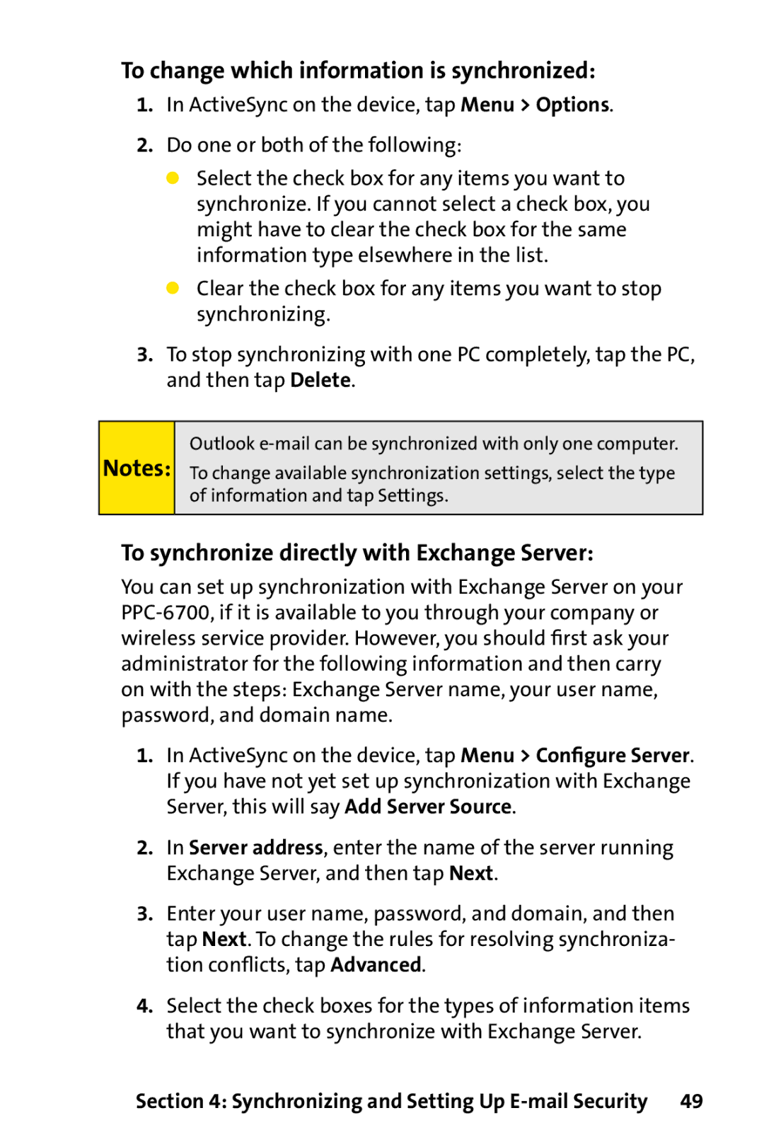 UTStarcom PPC-6700 manual To change which information is synchronized, To synchronize directly with Exchange Server 