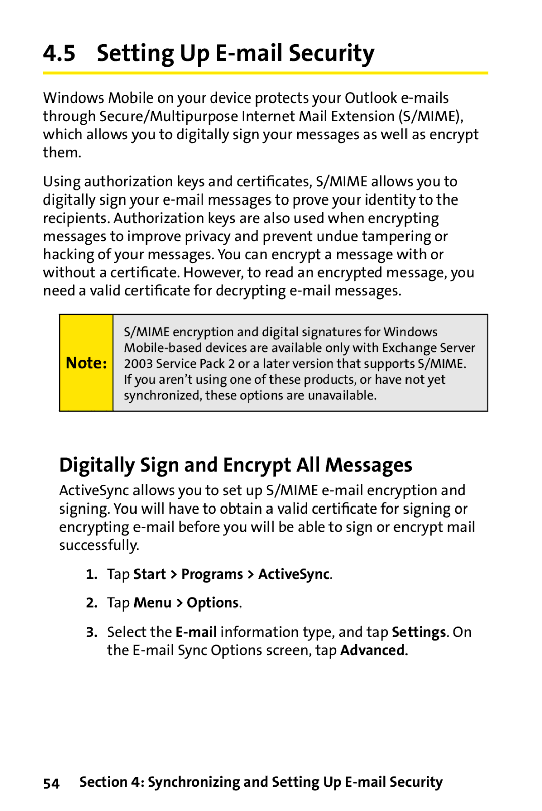 UTStarcom PPC-6700 manual Setting Up E-mail Security, Digitally Sign and Encrypt All Messages 