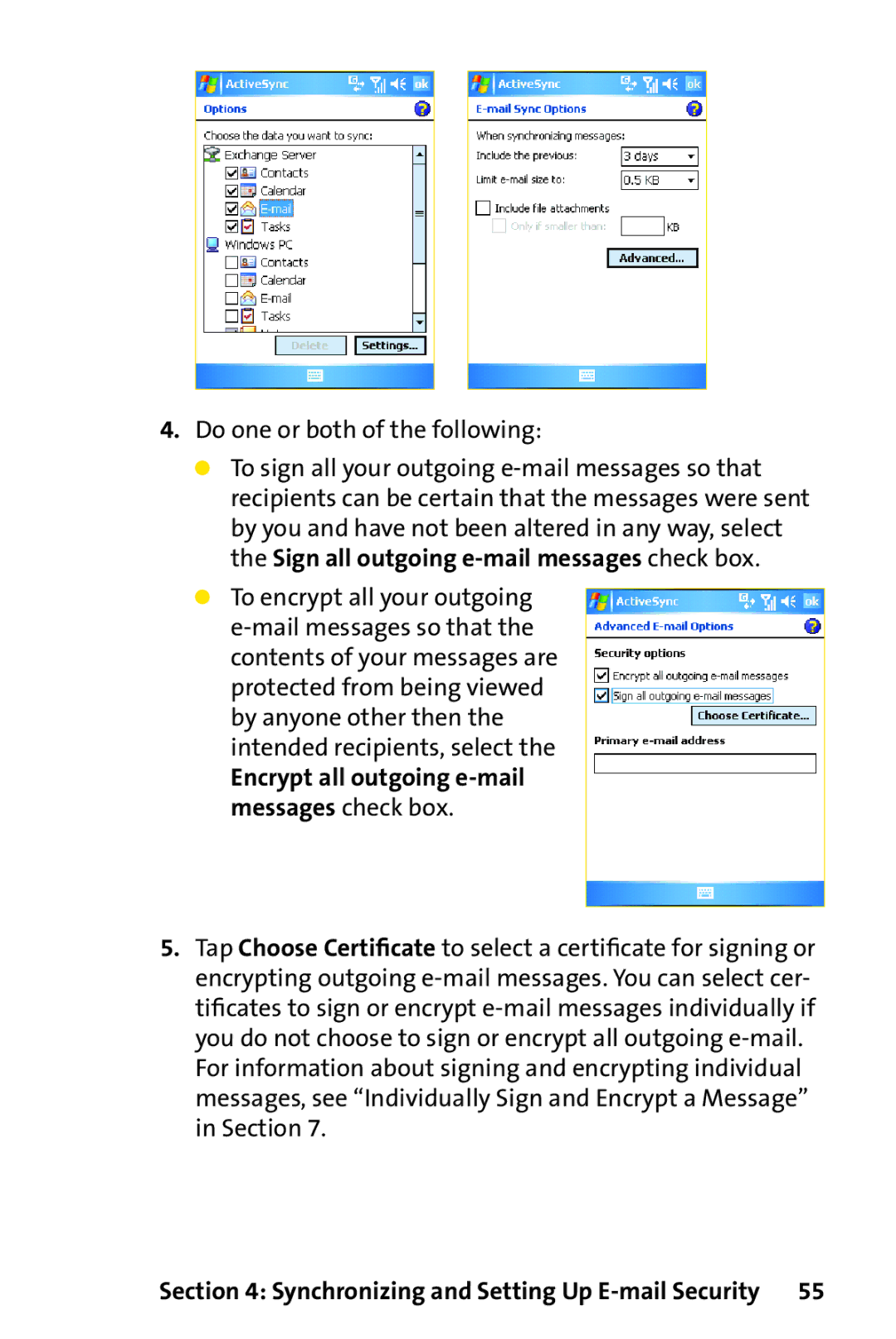 UTStarcom PPC-6700 manual Encrypt all outgoing e-mail messages check box 