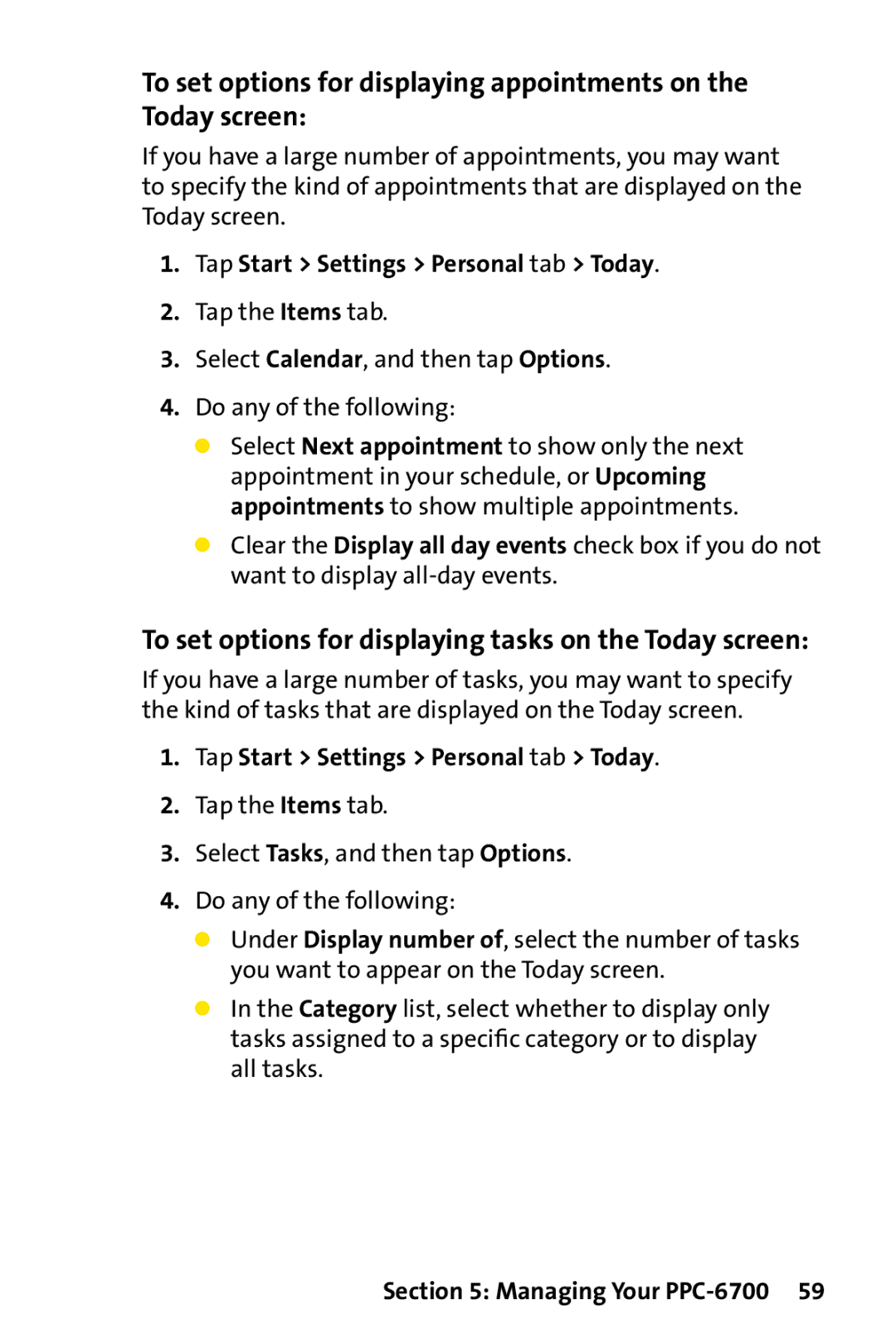 UTStarcom PPC-6700 manual To set options for displaying tasks on the Today screen 