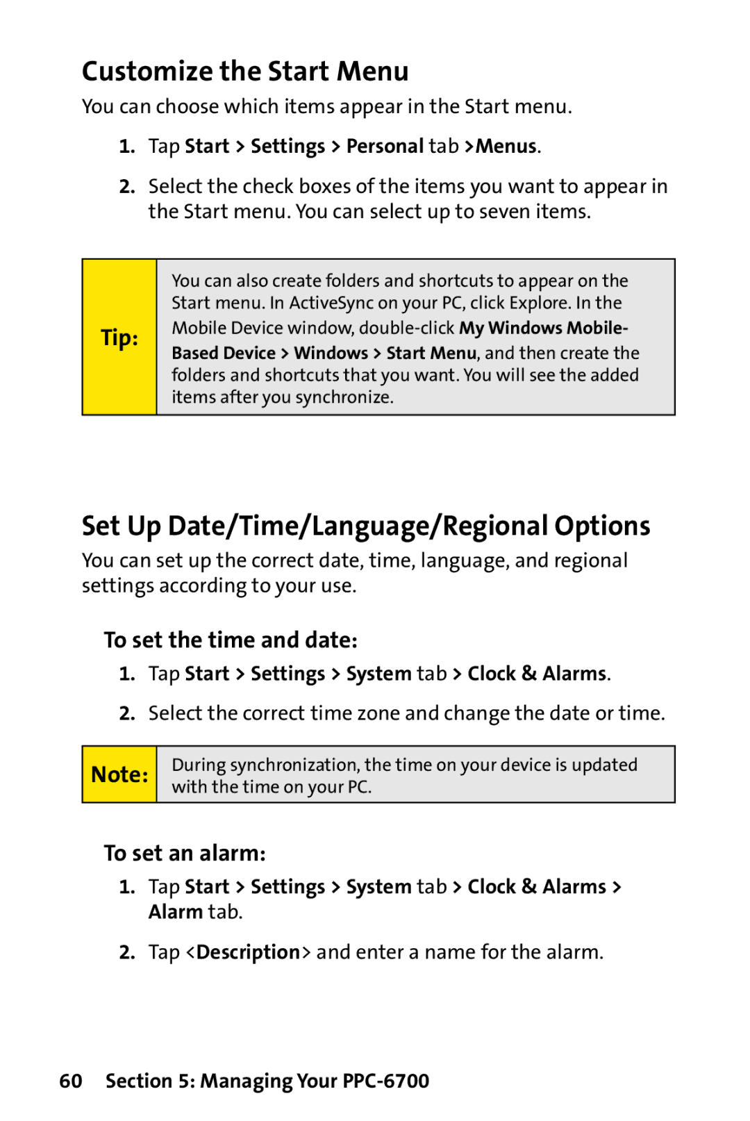 UTStarcom PPC-6700 manual Customize the Start Menu, Set Up Date/Time/Language/Regional Options, To set the time and date 