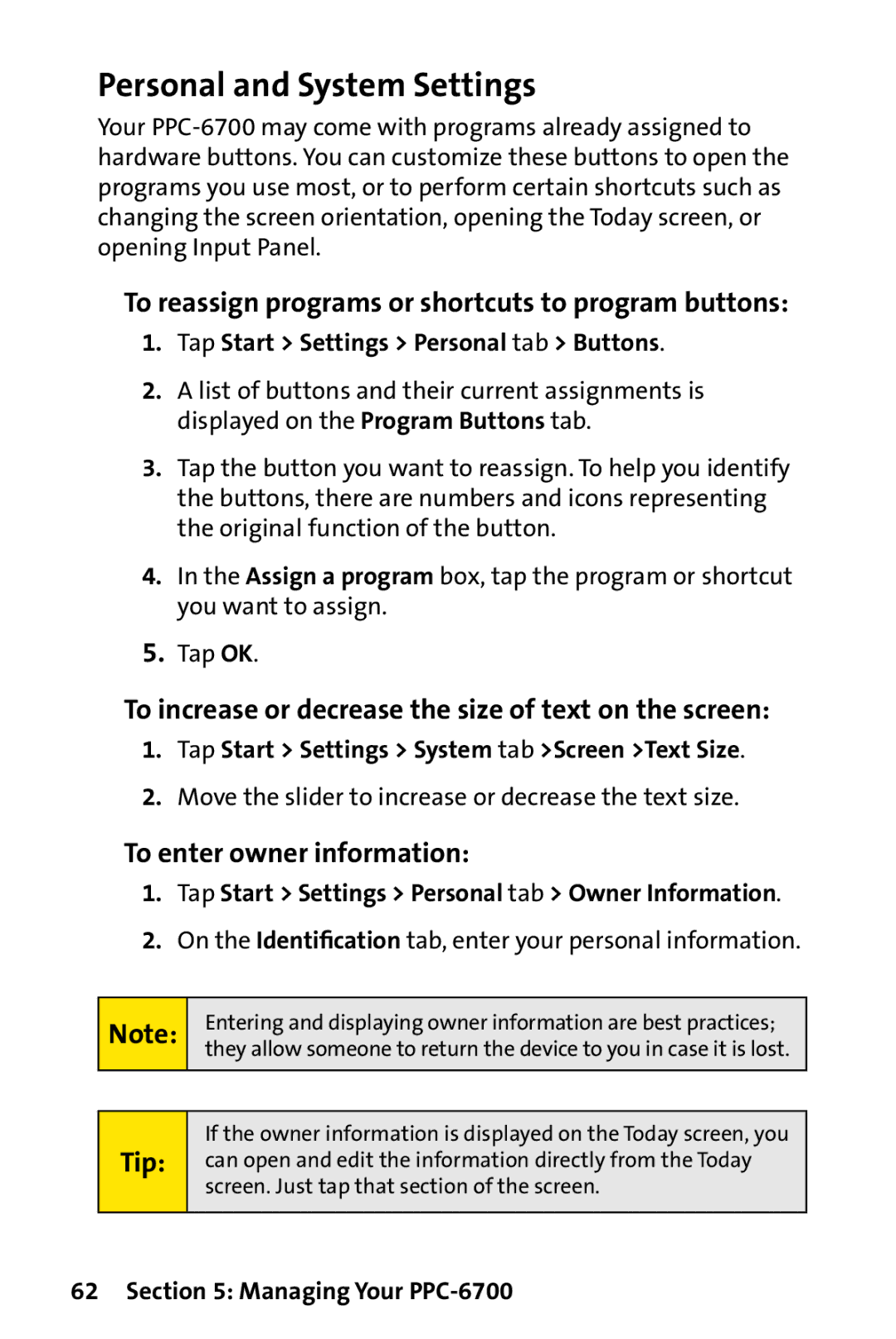 UTStarcom PPC-6700 manual Personal and System Settings, To reassign programs or shortcuts to program buttons 