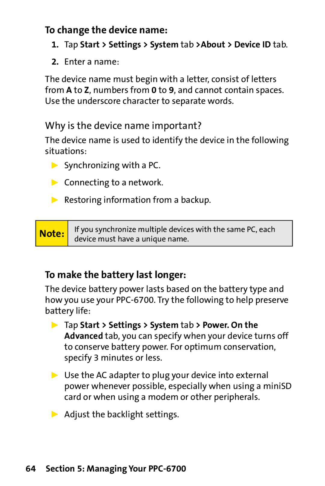 UTStarcom PPC-6700 manual To change the device name, To make the battery last longer,  Adjust the backlight settings 